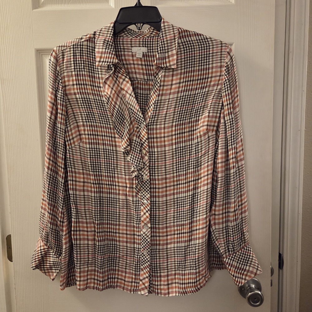 J. Jill sz 1X button up ls 100% rayon plaid shirt casual retro academia career